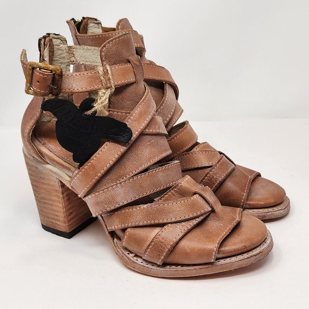 Freebird Claw Brown Distressed Leather Sandal Women Size 6 Block Heel Strappy